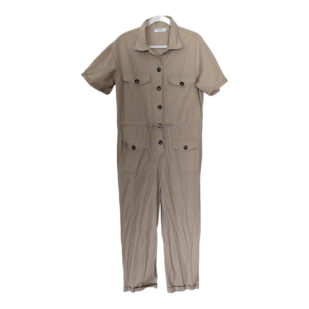 ELENZA Size Large Utility Jumpsuit Tan Khaki Drawstring Waist Short Sleeves